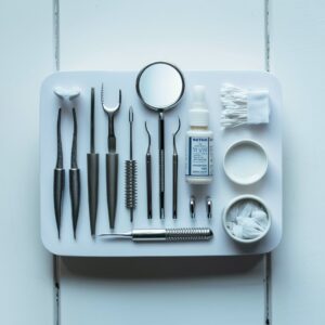 The image shows a white tray with a variety of dental tools and supplies on it. There are seven dental tools, including a mirror, a probe, a scaler, a curette, a sickle probe, and two explorers.